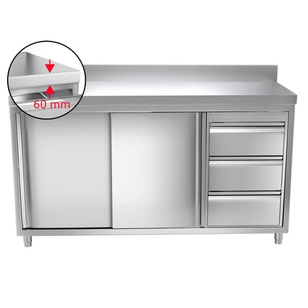 Edelstahl Arbeitsschrank PREMIUM - 1600x700mm - Mit 3 Schubladen Rechts & Aufkantung 5 Edelstahl Arbeitsschrank PREMIUM - 1600x700mm - Mit 3 Schubladen Rechts & Aufkantung – Bild 3