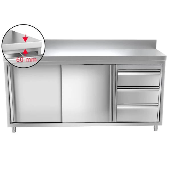 Edelstahl Arbeitsschrank PREMIUM - 1800x700mm - Mit 3 Schubladen Rechts & Aufkantung 5 Edelstahl Arbeitsschrank PREMIUM - 1800x700mm - Mit 3 Schubladen Rechts & Aufkantung – Bild 3