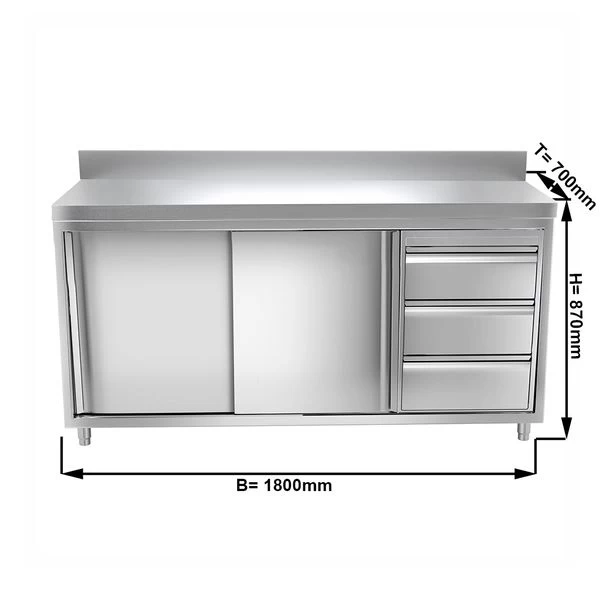 Edelstahl Arbeitsschrank PREMIUM - 1800x700mm - Mit 3 Schubladen Rechts & Aufkantung 3 Edelstahl Arbeitsschrank PREMIUM - 1800x700mm - Mit 3 Schubladen Rechts & Aufkantung