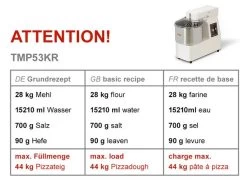 Teigknetmaschine - 53 Liter / 44 Kg - 1 Geschwindigkeit - Kessel Abnehmbar Und Rührwerk Aufklappbar -Küche Zu Hause tmp53kr d31d